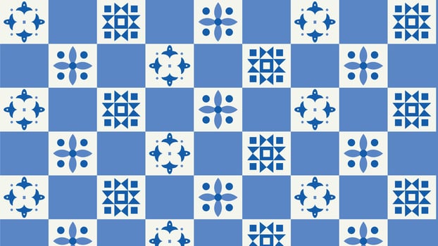 blue and white ceramic tile background with intricate geometric and floral motifs. Perfect for backgrounds, wallpaper, textiles, or decorative projects. Traditional Mediterranean style design. vector