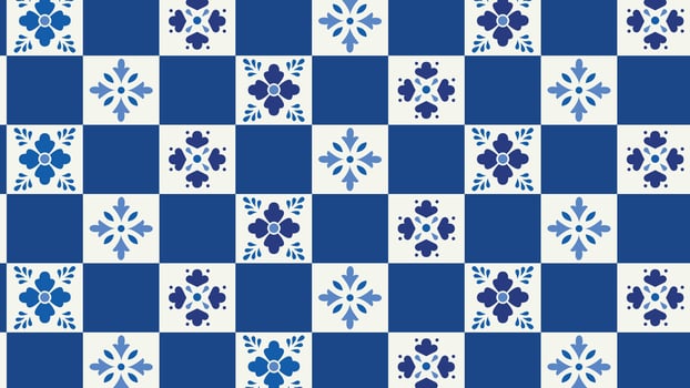 Elegant blue and white seamless tile background with floral and geometric elements. Inspired by traditional ceramic tiles, perfect for backgrounds, wallpapers, textiles, and decorative designs. vector