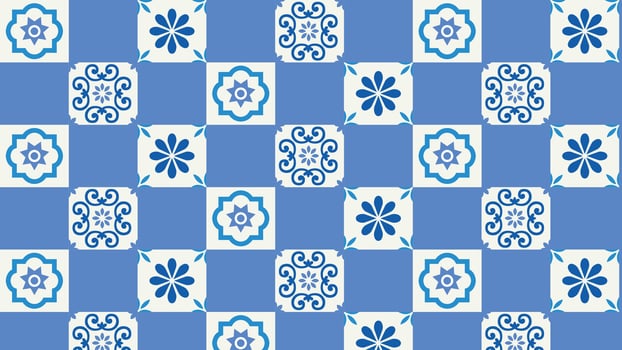 Stylish blue and white tile background with ornamental and floral details. A modern take on classic ceramic tiles, great for wallpapers, fabric prints, and decorative projects. vector