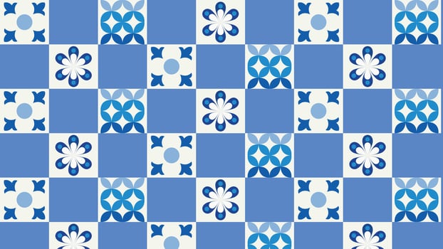 Classic blue and white tile background with ornamental details. Inspired by vintage ceramic designs, ideal for textile prints, wallpapers, interior decor, and digital backgrounds. vector