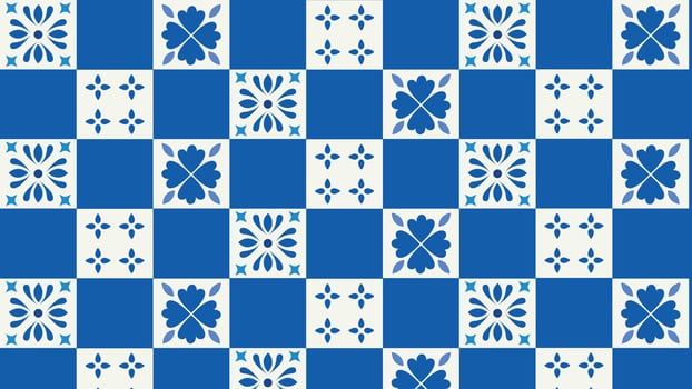 Intricate blue and white seamless tile design with symmetrical floral motifs. A timeless ceramic background suitable for wallpapers, fabrics, home decor, and artistic projects. vector