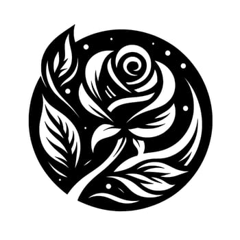 Elegant Black and White Rose Illustration, Circular Emblem with Detailed Petals and Leaves, Clean . vector