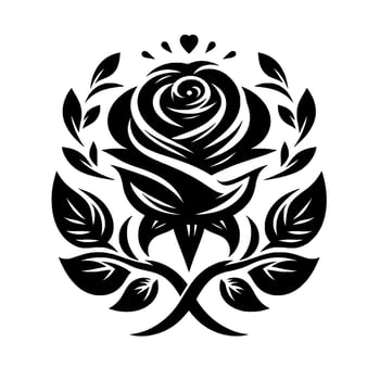 Intricate Black Rose Floral on White Background, with Leaves and a Heart Crown, in a Decorative Art Style. vector