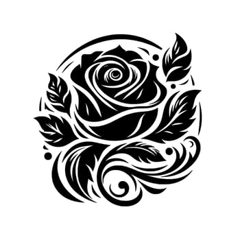 Intricate Black Rose Floral Emblem within a Circle, Featuring Detailed Petals, Leaves, and Ornamental Flourishes, Isolated on White. vector