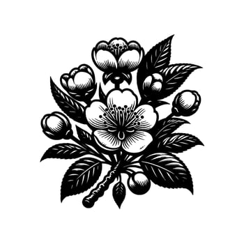 Intricate Black and White Floral Illustration Delicate Blossoms and Leaves Arranged on a Branch, Displaying Detailed Petals and Buds. vector