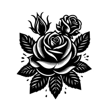 Classic Black White Rose Tattoo with Delicate Petal Detailing and Bud Elements, Isolated on White Background. vector