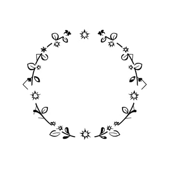 Delicate floral wreath featuring stylized white flowers and dark leaves arranged in a circular composition against a white background. vector