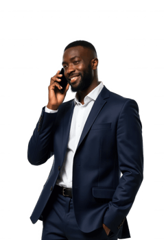 Smiling african american businessman in dark suit talking on smartphone isolated on transparent background, Cut out png