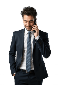Smiling Businessman Talking on Smartphone Isolated on Transparent Background, Cut Out png