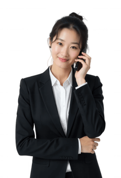 Smiling Korean Businesswoman Talking on Phone in Black Suit Isolated on Transparent Background, Cut out png