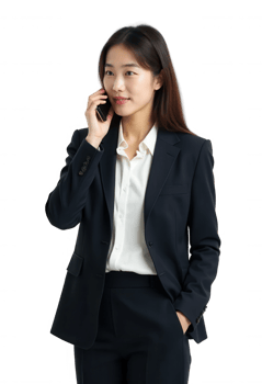 Confident Asian Businesswoman Talking on Phone in Black Suit Isolated on Transparent Background, Cut out png