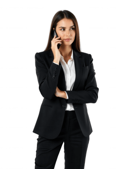 Confident Businesswoman Talking on Phone in Black Suit Isolated on Transparent Background, Cut Out png