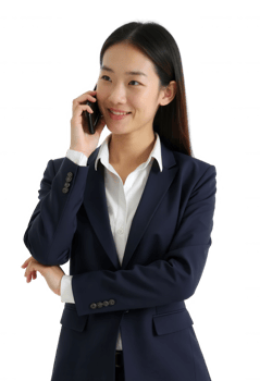 Japanese businesswoman in navy blue suit talking on smartphone isolated on transparent background, Cut out png