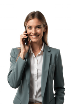 Businesswoman in gray suit talking on smartphone isolated on transparent background, Cut out png