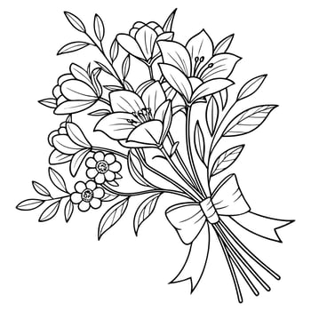 1A detailed black and white line drawing of a bouquet of flowers tied together with a ribbon. vector
