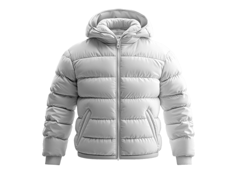 Light gray puffer jacket with hood, perfect for winter wear and outdoor activities png