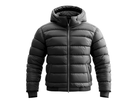 A Padded black jacket with hood, perfect for cold weather and outdoor activities png