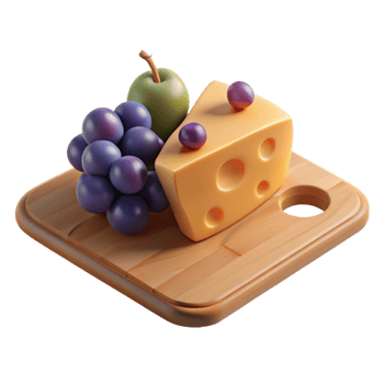 beautiful artistic Cutting Board with Cheese and Grapes Isolated on Transparent Background authentic png