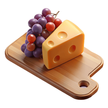 dramatic vintage Cutting Board with Cheese and Grapes Isolated on Transparent Background professional png