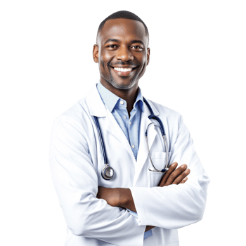 A black male doctor smiling with his arms crossed png