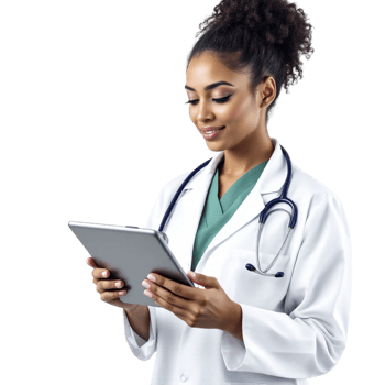 A female doctor in a white coat holding a tablet png
