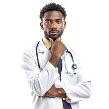 A black male doctor with his hand on his chin png