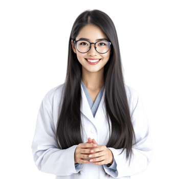 A woman in a lab coat and glasses png