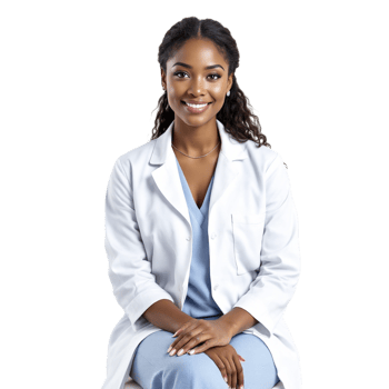 A black woman in a white lab coat sitting on a chair png