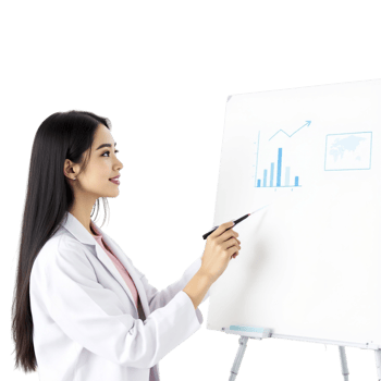 A woman in a lab coat is drawing on a whiteboard png