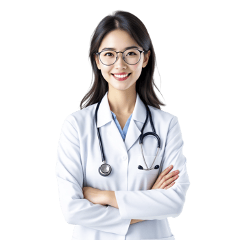 A woman in a white lab coat and glasses png