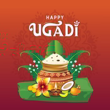 Happy Ugadi New Year festival card with festive typography, celebrating the joyous holiday in Karnataka and Andhra Pradesh. Abstract illustration design. vector