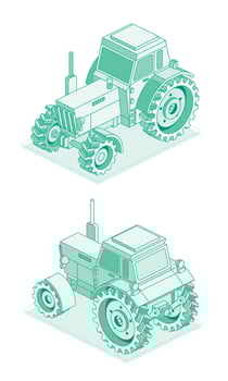 Isometric tractor isolated on white background. Outline object. Large heavy modern agricultural tractor for fieldwork. Front and back view. vector