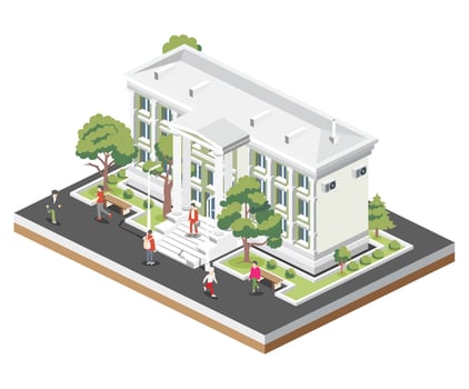 Isometric view of courthouse building, bank, university or governmental institution. Public building with high columns. Law justice concept. vector