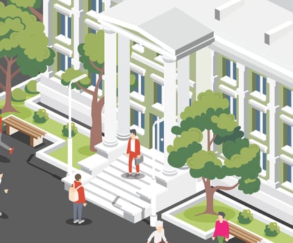 Isometric view of courthouse building, bank, university or governmental institution. Public building with high columns. Law and justice concept. vector