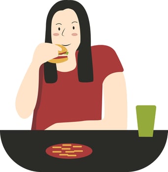 Illustration of Woman Eat Hamburger in Flat Design. vector