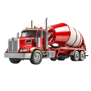 Large red cement mixer truck with a powerful engine and shiny chrome details png