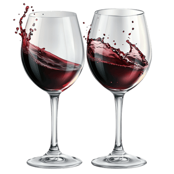 Two wine glasses with red wine splashing in miir png