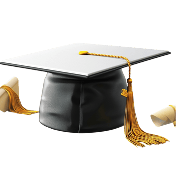 Black graduation cap with a golden tassel placed on a diploma scroll png