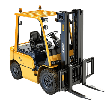Industrial yellow forklift with strong metal prongs and a frame png
