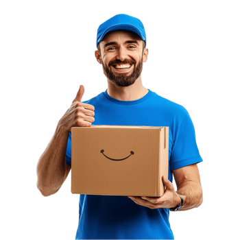 Happy delivery man in a blue uniform holding a cardboard package png