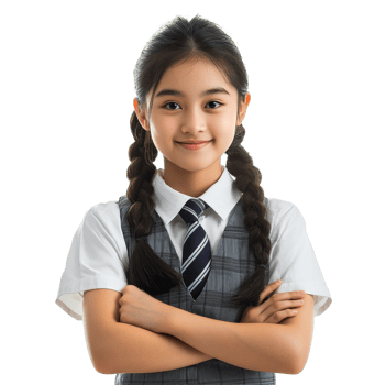 Cheerful Asian student girl in a school uniform smiling confidently with arms crossed, Happy pretty Asian student girl in school uniform isolated transparent background png