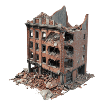 A destroyed building with debris on a transparent background showcasing structural damage and decay in an urban environment, Destroyed building on transparent background png