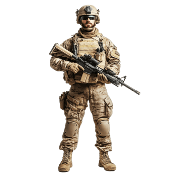 Fully geared soldier stands at attention with rifle in hand against a plain transparent background, Fully Geared Soldier Holding Rifle on transparent background png