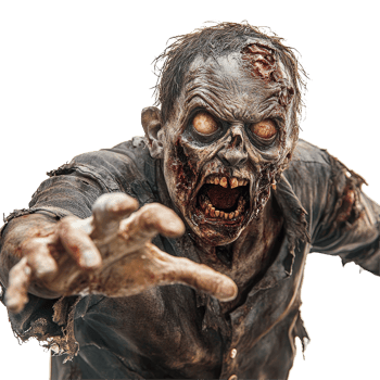 A terrifying Halloween zombie emerging from the shadows with rotting flesh and glowing eyes against a transparent background, Halloween Zombie on transparent background png