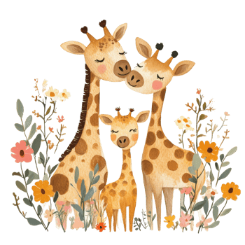 Heartwarming Mothers Day illustration featuring a giraffe family surrounded by colorful flowers, Mothers Day Giraffe Family Illustration with Flowers on transparent background png