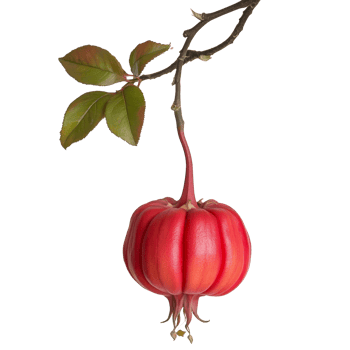 A vibrant rose apple hanging on a branch against a clean transparent background, showcasing its unique shape and color, roseapple on transparent background png