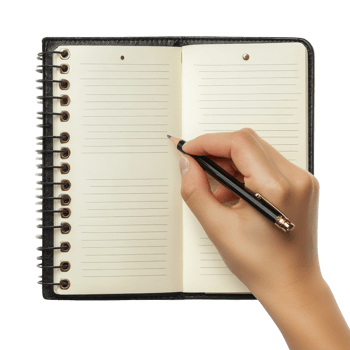Hands writing in a black planner with a pen on a clean desk in a focused office environment, Office planner, business organizer, hands holding pens, writing. Notepad, pencil isolated on transparent png