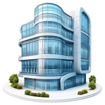Futuristic glass office building with a unique curved structure png