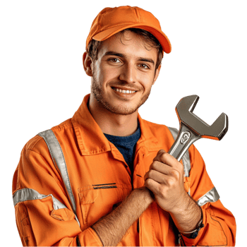 Friendly construction worker holding a large wrench png