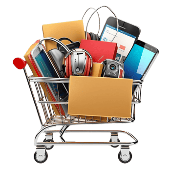 Shopping cart filled with various electronic gadgets png